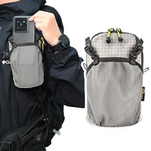 スマホポーチ リュック 取り付け 登山 アウトドア ベルトポーチ リュックにつける 登山用 ザックに付けて 6.5インチまで対応 便利 2台収納 ズレ防止 軽量 防水ファスナー メンズ 旅行 作業 自転車用 通勤用 (グレー) 1