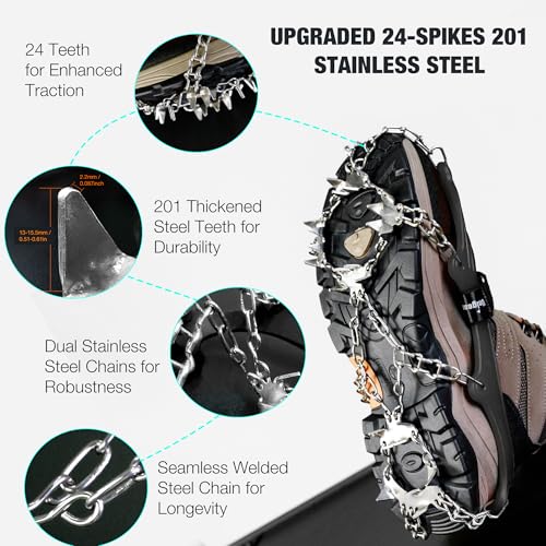 Unigear アイゼン 24本爪 チェーンスパイク 201ステンレス製 スノースパイク 軽量 凍結道路 登山 雪山 ハイキング トレッキング 通勤 穴釣り 磯釣り 沢登り 滑り止め 耐久性 収納袋付き 男女兼用(ブラック,XL)の詳細・まとめ 画像
