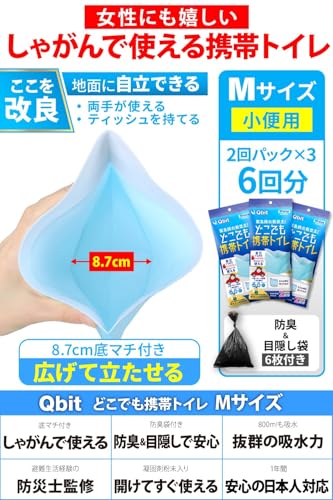 Qbit どこでも携帯トイレ 小便用 非常用/災害用/簡易トイレ 【防災グッズ大賞2023 大賞ブランド】 選べるサイズ エチケット袋 車 渋滞 登山 防災グッズ 廃棄袋付 男女兼用 (受け口付 Mサイズ 6回分)の詳細・まとめ 画像