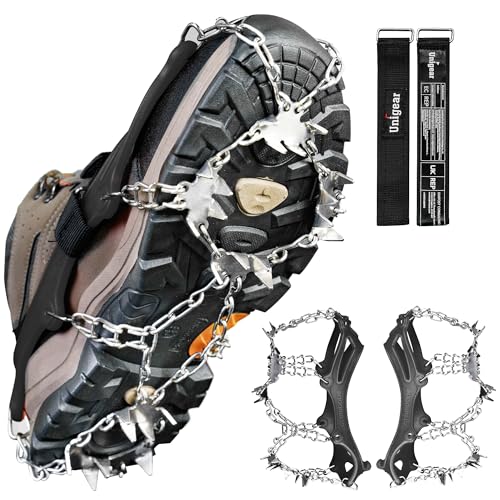 Unigear アイゼン 24本爪 チェーンスパイク 201ステンレス製 スノースパイク 軽量 凍結道路 登山 雪山 ハイキング トレッキング 通勤 穴釣り 磯釣り 沢登り 滑り止め 耐久性 収納袋付き 男女兼用(ブラック,M) 1