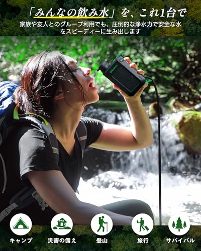 【防災安全協会推奨品】Greeshow 携帯浄水器 電動式 災害用 【日本正規品】 3WAY電源 (手回し/ソーラー/USB充電) 高性能0.01ミクロン濾過 飲み水確保 SOSライト 大容量バッテリー スマホ充電 防災グッズ アウトドア キャンプ 登山 震災 非常用 軽量 フィルター交換可能 GS-2811の特徴・詳細 画像
