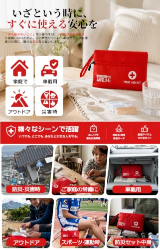 Kozy More 救急セット 防水 携帯用 ファーストエイド キット 15種類 防災士推奨 アウトドア 登山 車 防災グッズ 非常時用 応急手当付… (Red)の特徴・詳細 画像