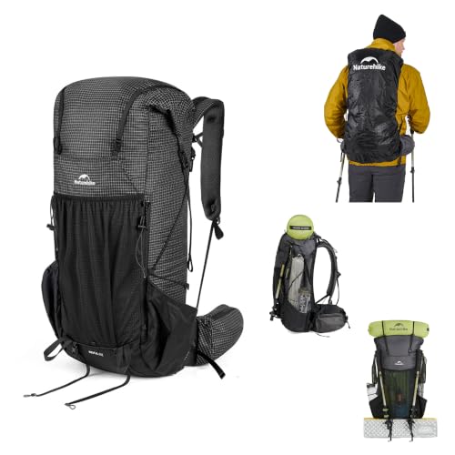 Naturehike rock2.0 バックパック 登山 科学な背負システム 金属フレーム 高強度 軽量 拡張可 通気メッシュ 大容量，黒：M：60L | 防雨カバー付き 人間工学 大開口 耐磨耗 耐引裂 30L/45L/60L 外掛け設計 縦型ジッパー 進級混紡素材 水袋用ポケット 体にフィット 旅行 防災 ハイキング キャンプ 登山リュック 軽量ザック 1