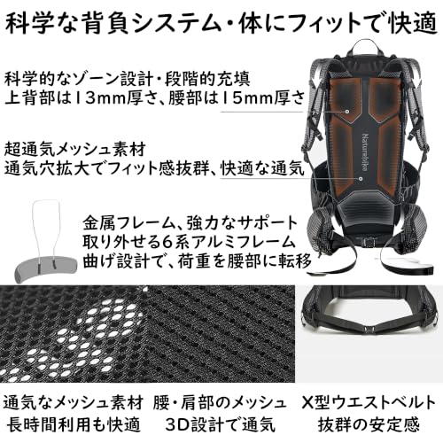 Naturehike rock2.0 バックパック 登山 科学な背負システム 金属フレーム 高強度 軽量 拡張可 通気メッシュ 大容量，黒：M：60L | 防雨カバー付き 人間工学 大開口 耐磨耗 耐引裂 30L/45L/60L 外掛け設計 縦型ジッパー 進級混紡素材 水袋用ポケット 体にフィット 旅行 防災 ハイキング キャンプ 登山リュック 軽量ザックの詳細・まとめ 画像